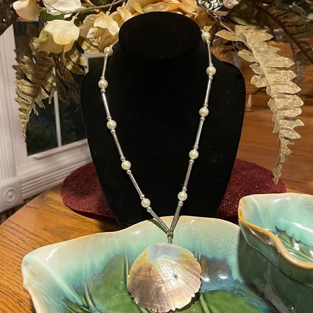 Large Mother of Pearl Etched Pendant Necklace